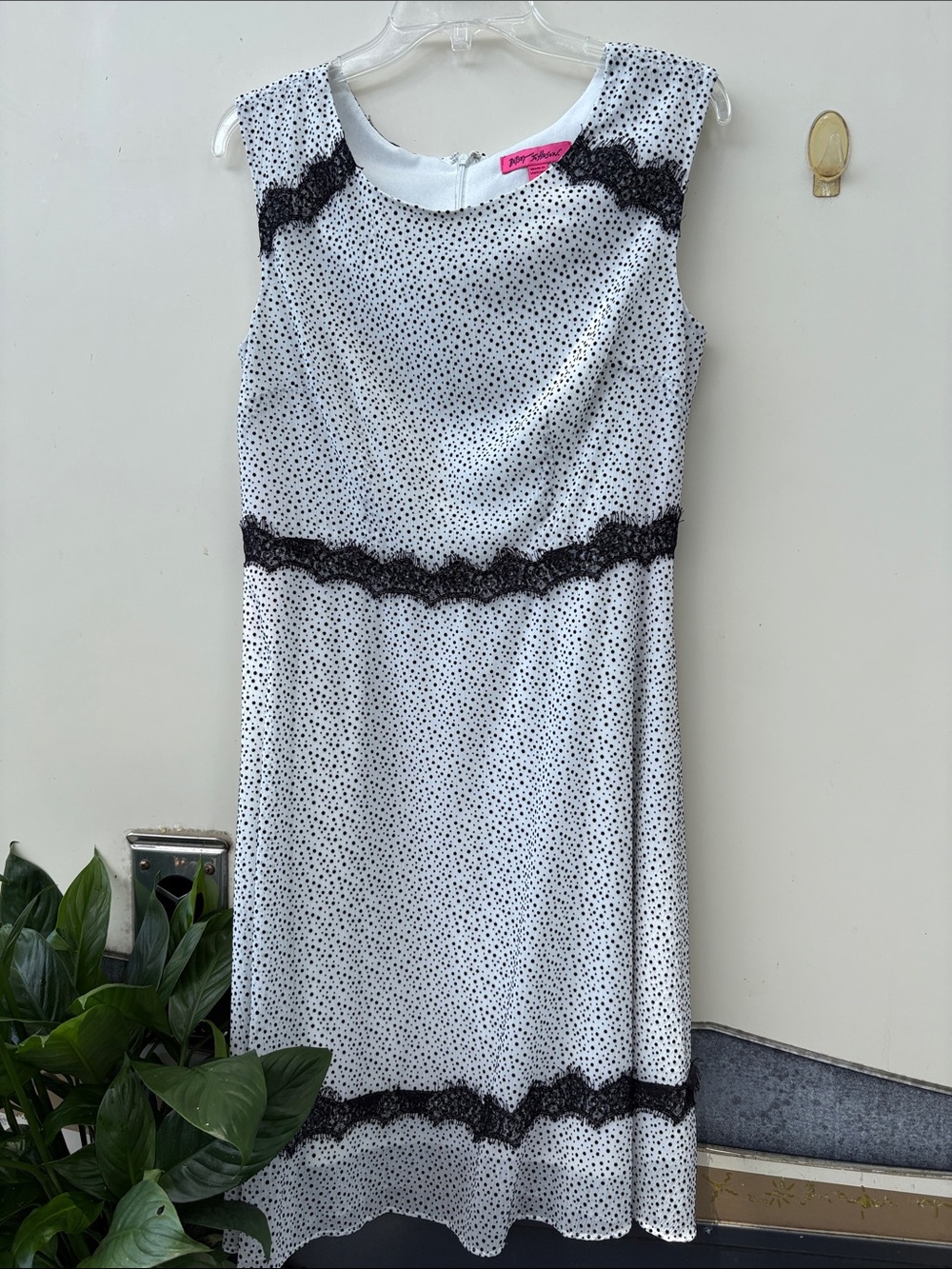 Betsey Johnson White Polka Dot Midi Dress with Black Lace - Picture 2 of 5